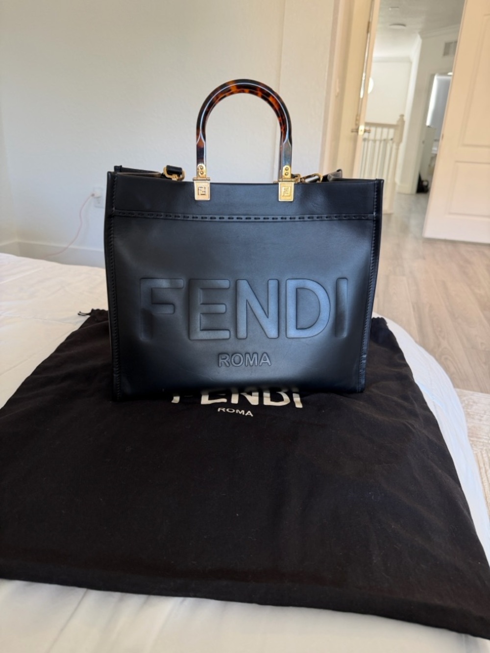 Fendi Black Leather Roma Embossed Tote with Tortoiseshell Top Handles